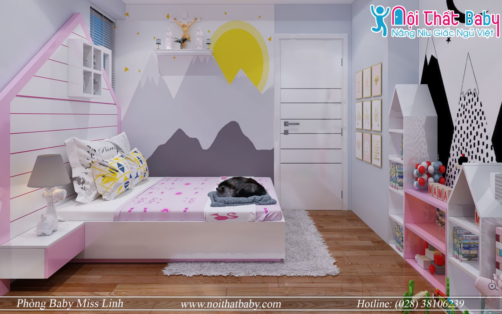 phòng ngủ trẻ em màu trắng hồng